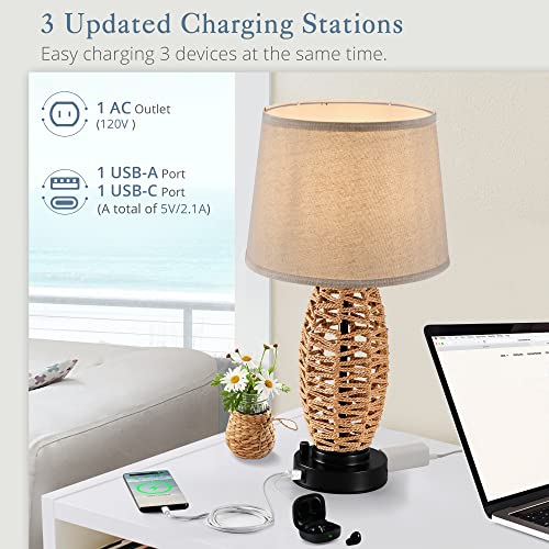 Lediary Coastal Rattan Table Lamp With Ac Outlet And 2 Usb Ports, 0-100% Dimmable Wicker Lamps For Bedrooms, Farmhouse Boho Lamps For Beachy Living Room, 2200K Bulbs Included #TOP4
