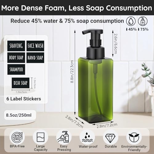 Image of Segbeauty 22oz Empty Plastic Foam Bottle with Foaming Pump, 2pcs Refillable Bathroom Hand Soap Dispenser with Labels, 650ml Green Empty Square Kitchen Liquid Soap Container, Shampoo Pump Bottles