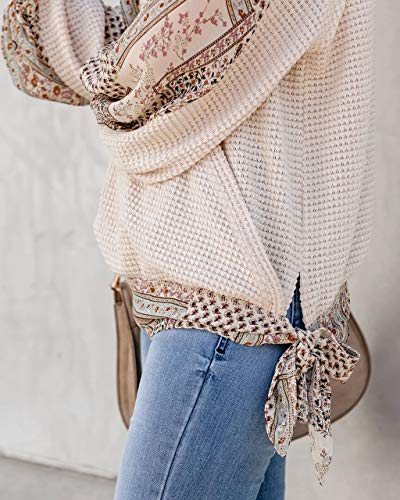 Image of Womens Boho Patchwork Blouse Tops Waffle Knit Wrap Cross Puff Sleeve Tie Knot V Neck Summer Shirts (Beige, Small)