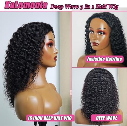 Kalomonia Deep Wave Curly Half Wig Human Hair 12 Inch Natural Colour - 3