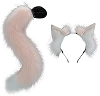 Vista 3 de VIGVAN Juego de orejas y cola de cosplay de animales, lobo, zorro, gato, mapache (blanco bronceado)