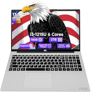 NIMO 17.3 Business-Laptop, 16GB RAM 2TB SSD, Intel Core i3-1215U, Windows 11 Computer PC with Backlit Keyboard Fingerprint Unlock 65W Type-C WiFi 6 BT5.2 54Wh Battery for Students Seniors Home Office