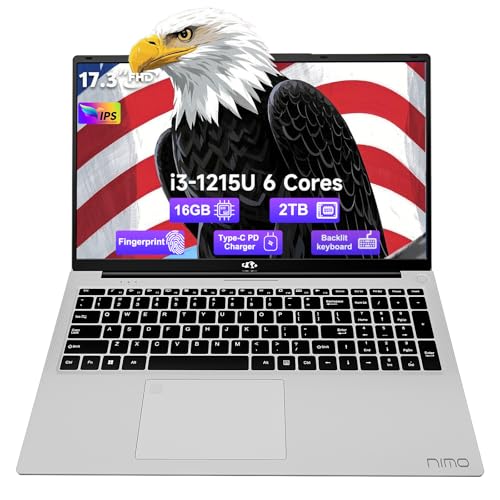 NIMO 17.3 Business-Laptop, 16GB RAM 2TB SSD, Intel Core i3-1215U, Windows 11 Computer PC with Backlit Keyboard Fingerprint Unlock 65W Type-C WiFi 6 BT5.2 54Wh Battery for Students Seniors Home Office