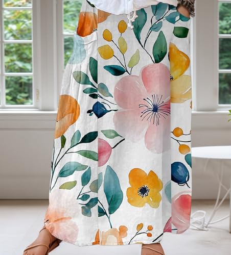 Women Fall Boho Floral Print Maxi Skirt Casual High Waist Loose Baggy Flowy Beach Vacation Long Skirt with Pocket2
