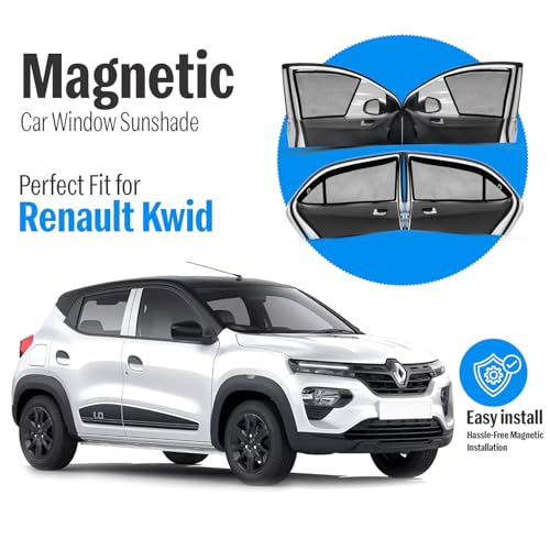 Image of Autofact Magnetic Car Sunshades Compatible with Renault Kwid (Set of 4) - Easy Installation, UV Protection, Keeps Car Cool (Front 2 Half-Cut for Side Mirror Visibility, Rear 2 with Zippers)