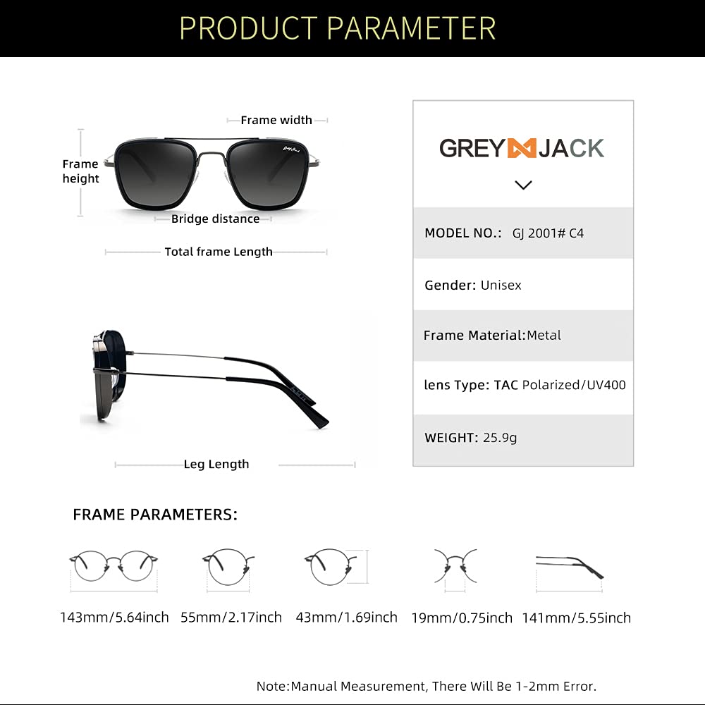 grey jack Retro Classic Polarized Metal Frame Sunglasses For Men Women 2001 Gun Frame/Gradient Black Lens,Square 2