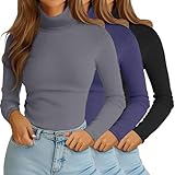 Riyiper 3 Pack Women Ribbed Turtleneck Shirt Rayon Top Knit Lightweight Long Sleeve Top Casual Soft Base Layer Top(S,Black, Navy Blue, Grey)