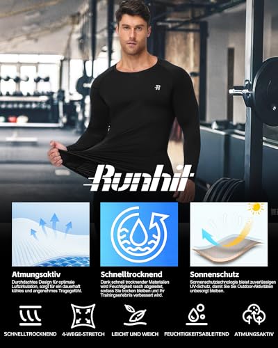 Runhit Kompressionsshirt Herren, Funktionsshirt Langarm Atmungsaktiv Laufshirt Sportshirt Männer Schnelltrocknendes Langarmshirt mit UPF 50+ UV-Schutz für Fitness Laufen Jogging Gym Schwarz L