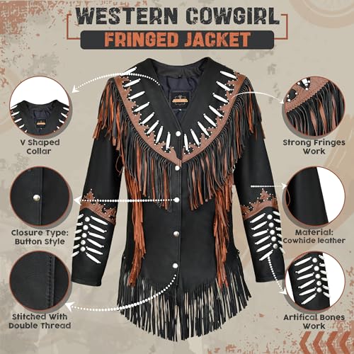 Western Black Leather Cowhide Jacket Women Cow-lady Native American Fringe & Beaded Cowgirl Jacket Tassels2
