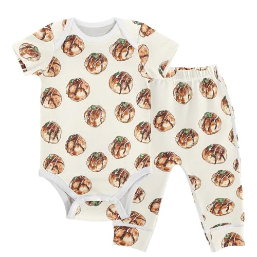 vvfelixl Delicious Takoyaki Baby Bodysuits Set,Baby Layette Sets Unisex Short Sleeve Babys Pants Sets 6-9M