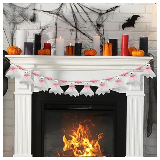 Craflox Pink Halloween Garland Ghost Decor, Pastel Girly Halloween Party Garland for Mantle, 6.6Ft Cute Spooky Pink Wooden Beads Decorations for Home Indoor, Handmade Banner