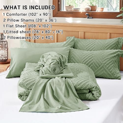 Image of Zzlpp King Comforter Set 7 Pieces, Sage Green Tufted Bed in a Bag with Comforter and Sheets, All Season Boho Bedding Sets with 1 Comforter, 2 Pillow Shams, 2 Pillowcases, 1 Flat Sheet, 1 Fitted Sheet