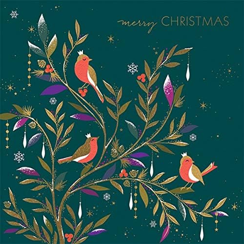 Christmas Card Box. Three Robins by Sara Miller. 8 Foiled and Embossed Christmas Cards. Size 16 x 16 cm Standard Postage