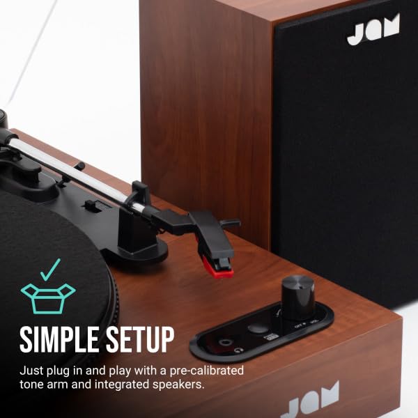JAM Gramofon z głośnikami – gramofon Bluetooth z głośnikami regałowymi, 3-Speed odtwarzacz winylowy z ochroną przed kurzem, wstępnie ustawionym ramieniem dźwiękowym, w zestawie środek czyszczący do