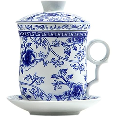 BandTie Convenient Travel Office Ceramics Teacup Loose Leaf Tea Brewing System-Chinese Jingdezhen Blue and White Porcelain Tea Cup Infuser 4-Piece Set with Tea Cup Lid and Saucer (Branches and Leaves) Cover