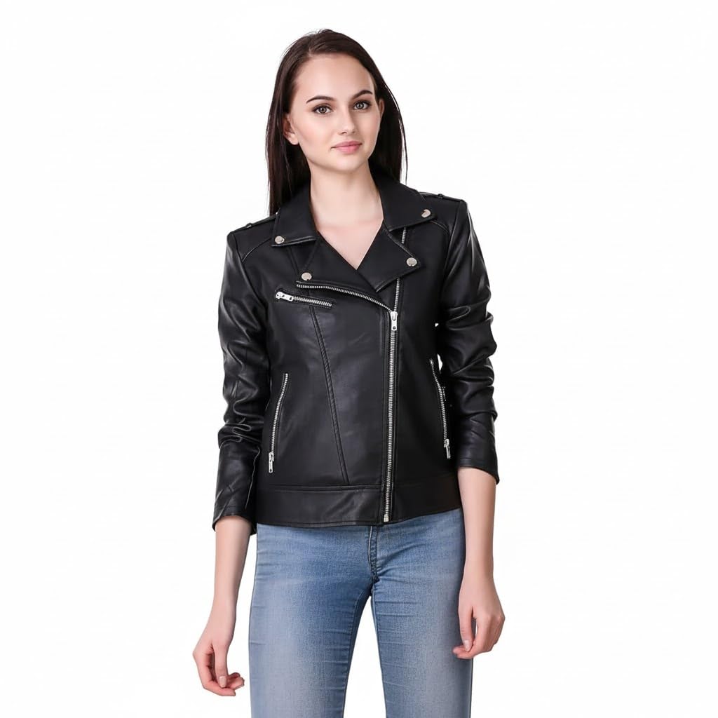 amicraft ™ Women Black Faux Leather Biker Jacket | Stylish Slim Fit Motorcycle Jacket for Girls & Ladies | Zipper Closure | Casual & Party-picture-21