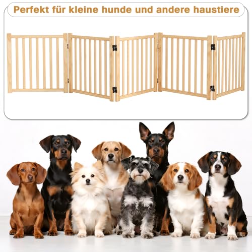 Pshelfy Hundeabsperrgitter aus Holz 5 Paneelen 58cm Höhe - Freistehend & Faltbar, 360° Drehbar für Tür, Treppe, Flur als Welpen-Gitter & Kinderschutzgitter (BxH: 292 cm x 58 cm, Naturholz)