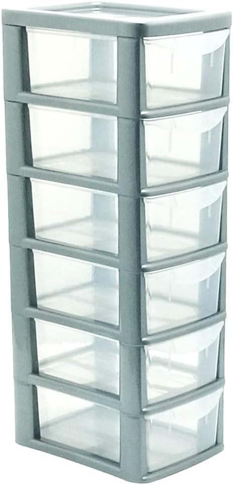 KYY'Z - Mini 6 Drawers Storage Unit - Modular Plastic Drawer Tower for Home Office Garage Craft Room Stationery Tools Storage - Stackable Space Saving Durable Organizer Solution (Silver/Clear)