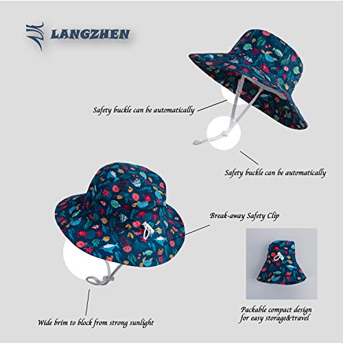 Image of LANGZHEN Sun Protection Hat for Kids Toddler Boys Girls Wide Brim Summer Play Hat Cotton Baby Bucket Hat with Chin Strap