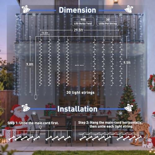 Image of JMEXSUSS 900LED Curtain Lights, White Christmas Lights, 9.5x29.5ft | Plug in, with Remote, Indoor Outdoor Use, Hanging String Lights for Bedroom Wedding Backdrop Wall Patio Yard Reception Decor