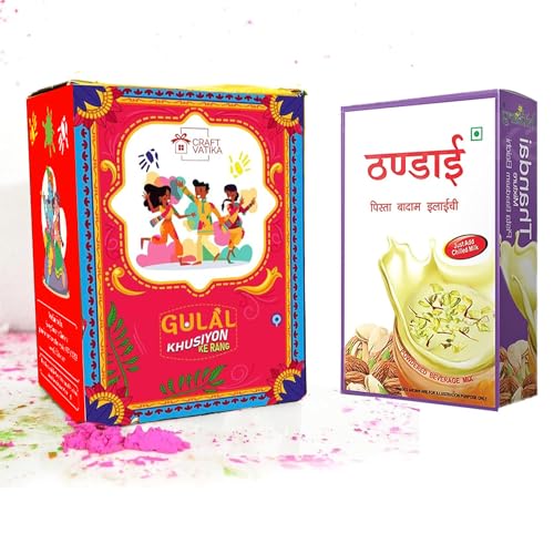 Image of Gopal Ji Thandai Powder Holi With Holi Colour Gulal Colour Gift Combo- Premium Holi Giftbox with Gopaljee Thandai with Badam, Pista, Elaichi 100g | Pack of 5 Holi Items - 375g Perfumed Holi Colours - Set of 5 Natural Shaded Orange, Yellow, Pink Green Red - Skin Friendly Colors Non-Toxic Color Holi Gift for Corporate Employee