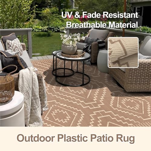 Image of Wonnitar Outdoor Rugs 8x10 Waterproof Plastic Straw Rug, Large Outdoor Camping Rug for RV, Reversible Portable Outside Lightweight Area Rug for Backyard Balcony Beach Picnic (Beige & Brown,8'x10')