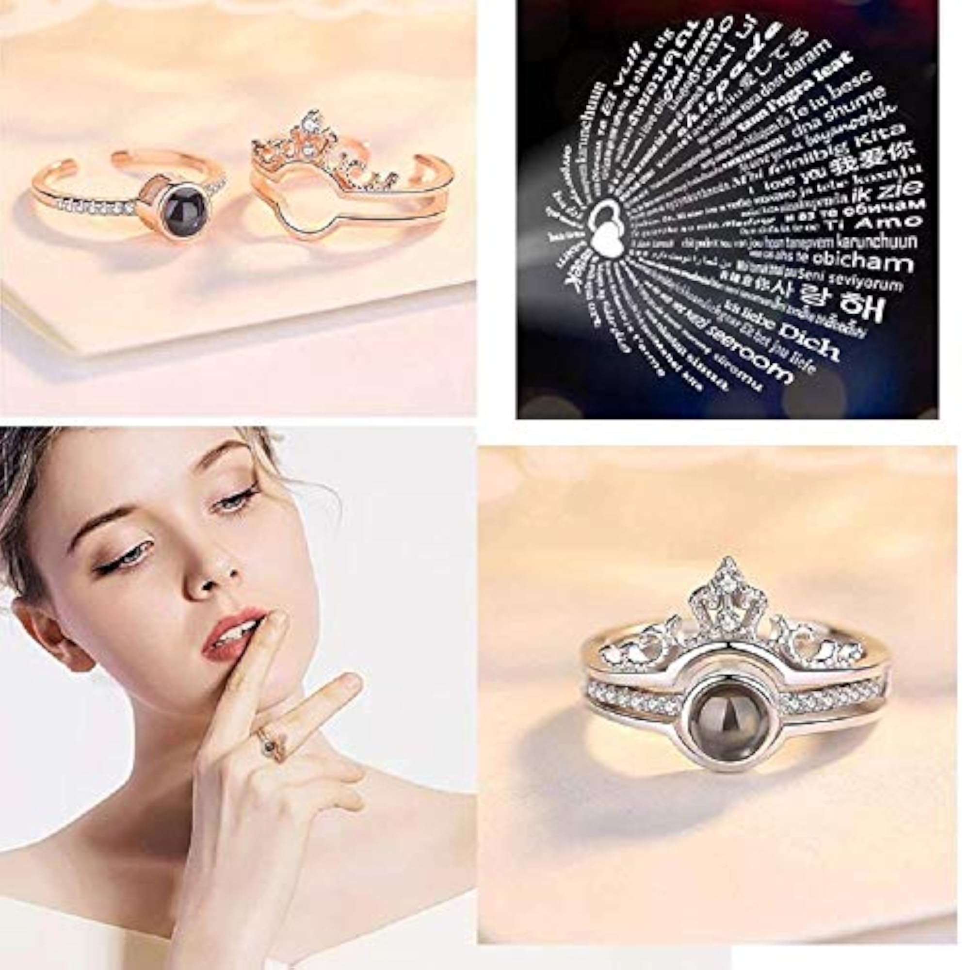 Rose Silver I Love You Ring 100 Languages Crown Rings for Couples Girls