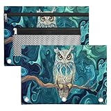 Gumuslen Boho Owl Pencil Pouch for 3 Ring Binder Animal Bohemia Bird Pencil Case Bag with Clear Window Zipper Pockets for Kids Girls Boys Students School College Supplies 2 Pack