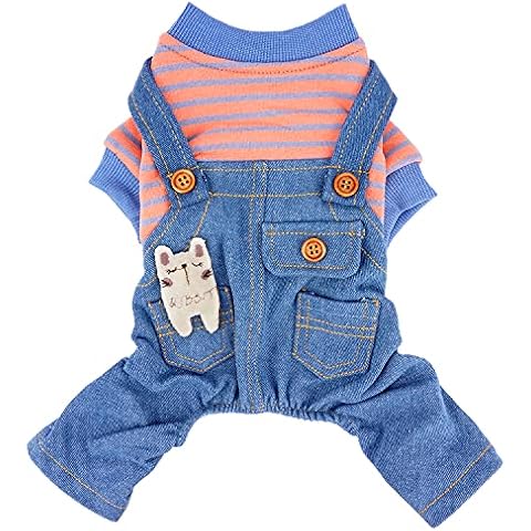 HOODDEAL Dog Shirts Stylish Fleece-Lined Striped Stretchy Outfits Cozy Breathable Denim Overalls Pet Jumpsuit Cute Puppy Christmas Costumes (XS, Blue-Pink) Cover