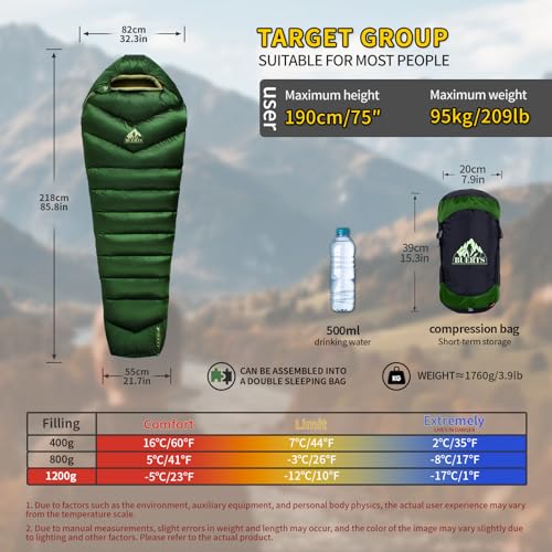 Image of Down Backpacking Sleeping Bag 620FP, Lightweight Sleeping Bag for Adult Backpacking, Hiking, Camping. with Compression Bag.