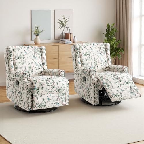 Image of Swivel Rocker Recliner Chairs Set of 2, 360 Swivel Wingback Recliner Chairs for Adults, Upholstered Printed Fabric Glider Rocking Chair with High Back, Deep Seat for Living Romm Bedroom, Bird