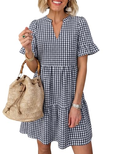 Image of Caracilia Dresses for Women Summer 2026 Striped V Neck Ruffle Sleeve A Line Tiered Flowy Casual Mini Beach Dress with Pockets