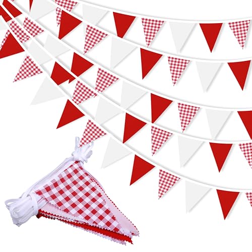Image of 33 ft Red Plaid Checkered White Pennant Banner,Flag Triangle Bunting Garland Decor,Hanging Triangle Banner,for Betrothal Day, Wedding,Birthday,Baby Shower,Graduation,Christmas(White Red Plaid Banner)