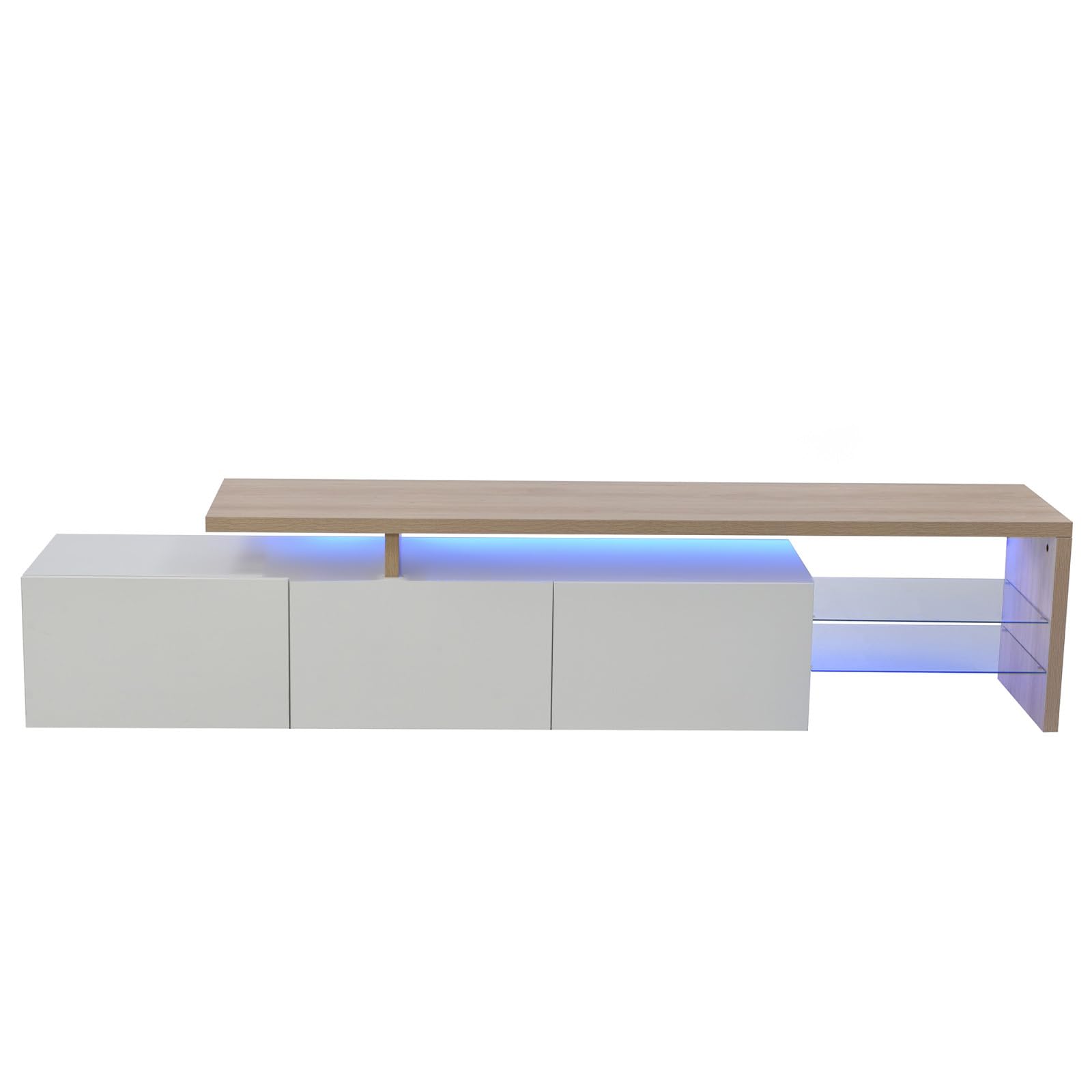 BestAlice Mueble de TV LED moderno de madera y blanco con luces LED variables, mueble TV de 200 cm con almacenamiento brillante, 3 puertas y estantes de cristal para sala de estar
