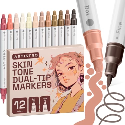 Image of ARTISTRO 12 Skin Tones Dual-Tip Acrylic Paint Markers - Paint Pens Set with Dot & Fine Tips for Fabric, Rock, Glass, Wood, Coloring Books - Arts & Crafts Gift - Classroom Must Haves & School Supplies