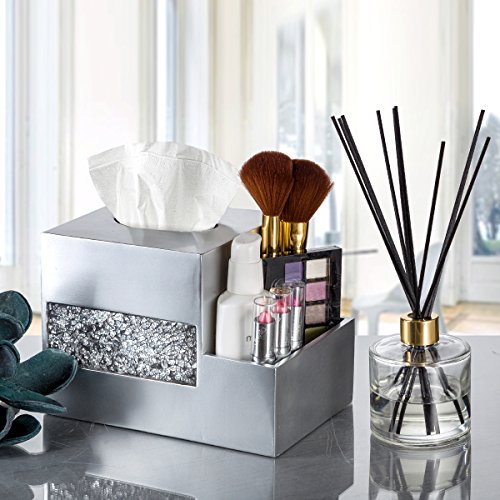 Image of Crackled Glass Tissue Box Cover Square Silver Decorative Multi-function Storage Organizer Caddy; Tissue Box Holder & Countertop Nightstand Bedside Table Organizer Makeup, Phone, Remote Control Holder