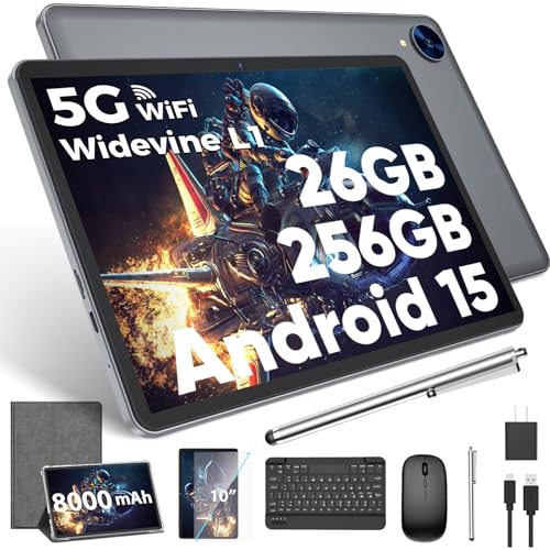 Image of Android 15 Tablet with Keyboard, 26GB RAM, 256GB ROM(2TB Expand), 10.1 inch Octa-Core Tablets, 5G /2.4G WiFi, 8000mAh Battery, BT 5.0, GMS Certified, with Mouse, Case, Stylus, Split screen(Silver Case)