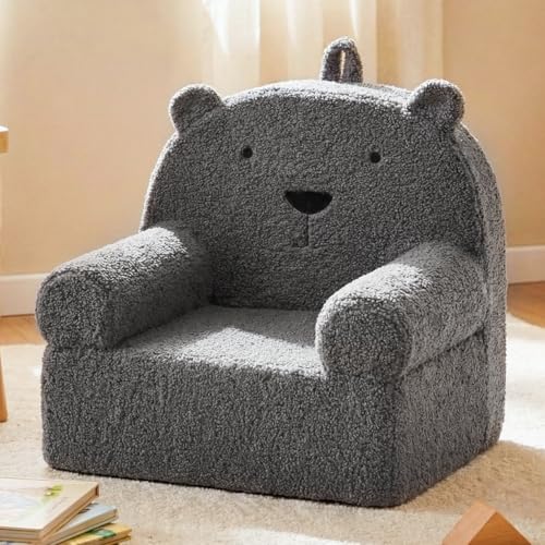 HONEY JOY Kids Sofa, Bear Shaped Toddler Foam Couch with Soft Fleece Fabric Cover, Reading Armchair for Children, Kids Furniture for Playroom, Bedroom, Nursery (Grey)