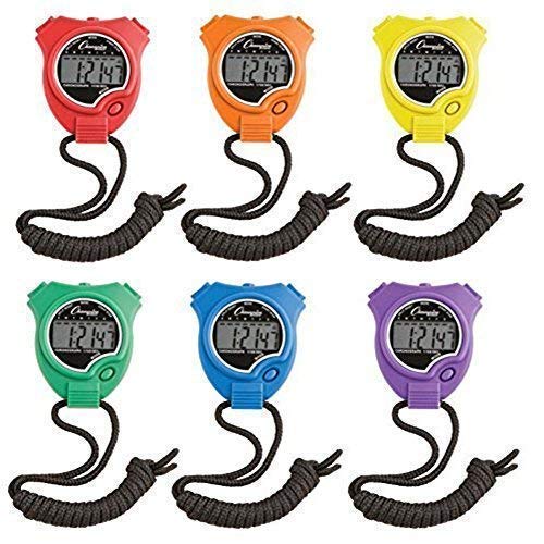Champion Sports Water-Resistant Stopwatches, 1/100 Second, Assorted Colors, 6/Set