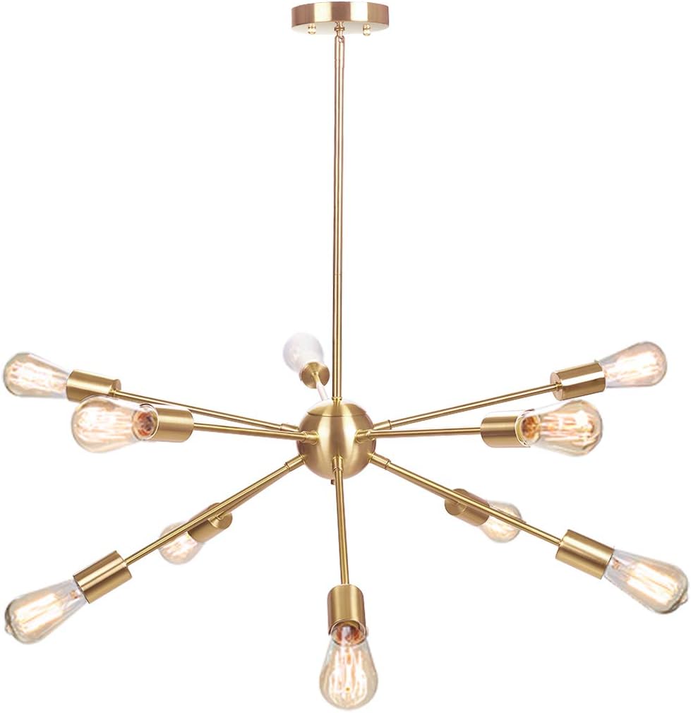 Modern Brass Sputnik Chandelier 10 Light Gold Brushed Ceiling Chandeliers Fixture - - 
