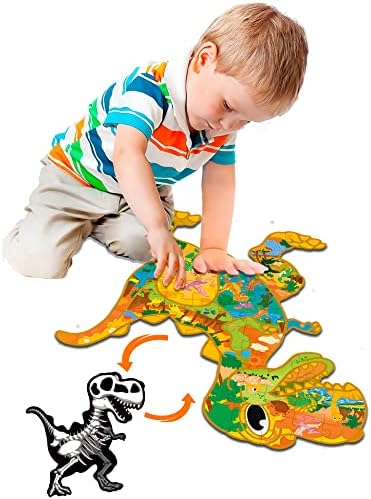 JIGJOJO Floor Puzzles for Kids Ages 5-10, Double-Sided Dinosaur Puzzle, Toddler Toys and Gifts for Kids Boys Girls, Glow in The Dark Animal Shaped Jigsaw Puzzles, T-Rex