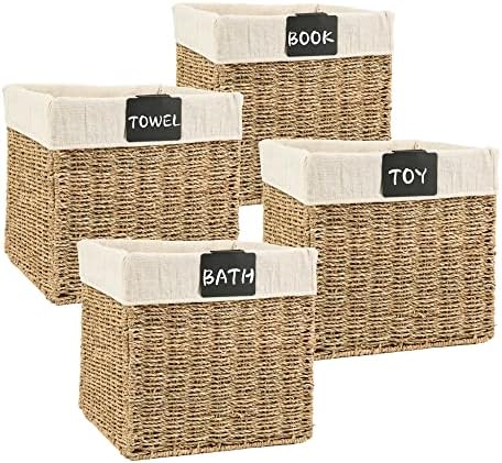 Fragranthetic Rectangular Wicker Baskets for Shelves, Seagrass and Water Hyacinth Hand-Woven Baskets with Linings with Name tags, 12 x 12 x 12 inches, 2 and 4 Pack (Seagrass (4pack))