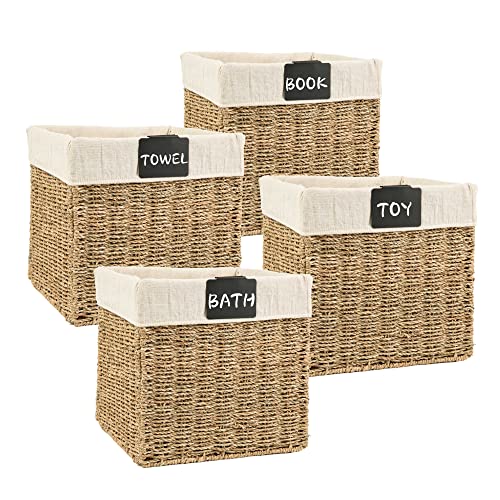 Fragranthetic Rectangular Wicker Baskets For Shelves, Seagrass And Water Hyacinth Hand-Woven Baskets With Linings With Name Tags, 12 X 12 X 12 Inches, 2 And 4 Pack (Seagrass (4Pack)) #TOP1