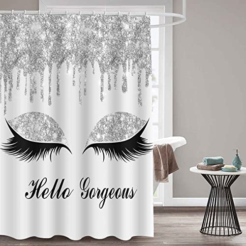 Sddser Hello Gorgeous Shower Curtain Girly Unicorn Eyelash White Drips (Not Glitter No Sequin) Bathroom Curtains With 12 Hooks, Easy Care Upgraded Polyester, 71X72 Inches, Black White, Yllssd3347 #TOP1