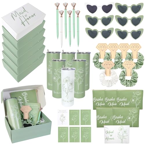 42 Pcs Bridesmaid Proposal Gifts Bridal Shower Gifts Cosmetic Makeup Bags and Boxes Patterned 20oz Water Bottles Bride Sunglasses Scrunchies Hair Diamond Pens Invited Cards Favors for Wedding