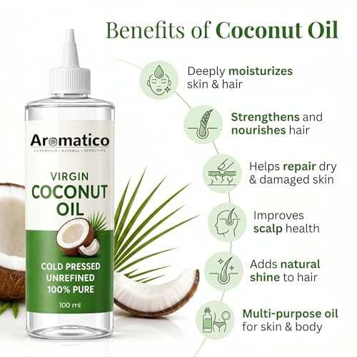 Image of AROMATICO 100% Pure Virgin Coconut Oil Cold Pressed for Healthy Hair & Skin, Natural solution for Moisturised Skin, Hair Care & Body - 100ml