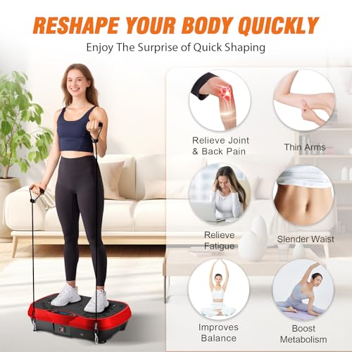 ALSO GO Vibration Plate Exercise Machine, 10 Modes & 200-Level Vibration Platform for Weight Loss/Lymphatic Drainage, 400lbs Vibration Board with Music and Resistance Bands for Full Body Workout, Red