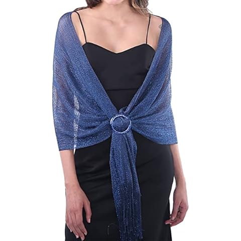 Edary Women's Sparkling Metallic Shawls and Wraps for Evening Party Dresses Scarf with Crystal Buckle for Bridal Party (Blue) Cover