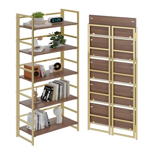 BHG Vintage Multifunctional Folding Bookshelf,5 Tier No-Assembly Plant Stand Storage Rack Shelves for Home Office (Brown&Gold, 5-Tier)