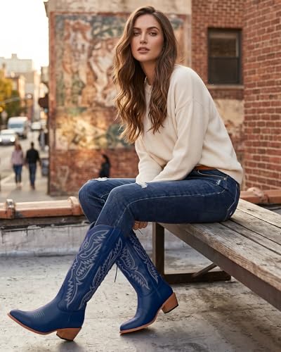 Image of Uillnoodu Wide Calf Cowboy Boots Women Adjustable Lace Up Knee High Tall Plus Size Cowgirl Boots Western Style Comfortable 2-Inch Heel